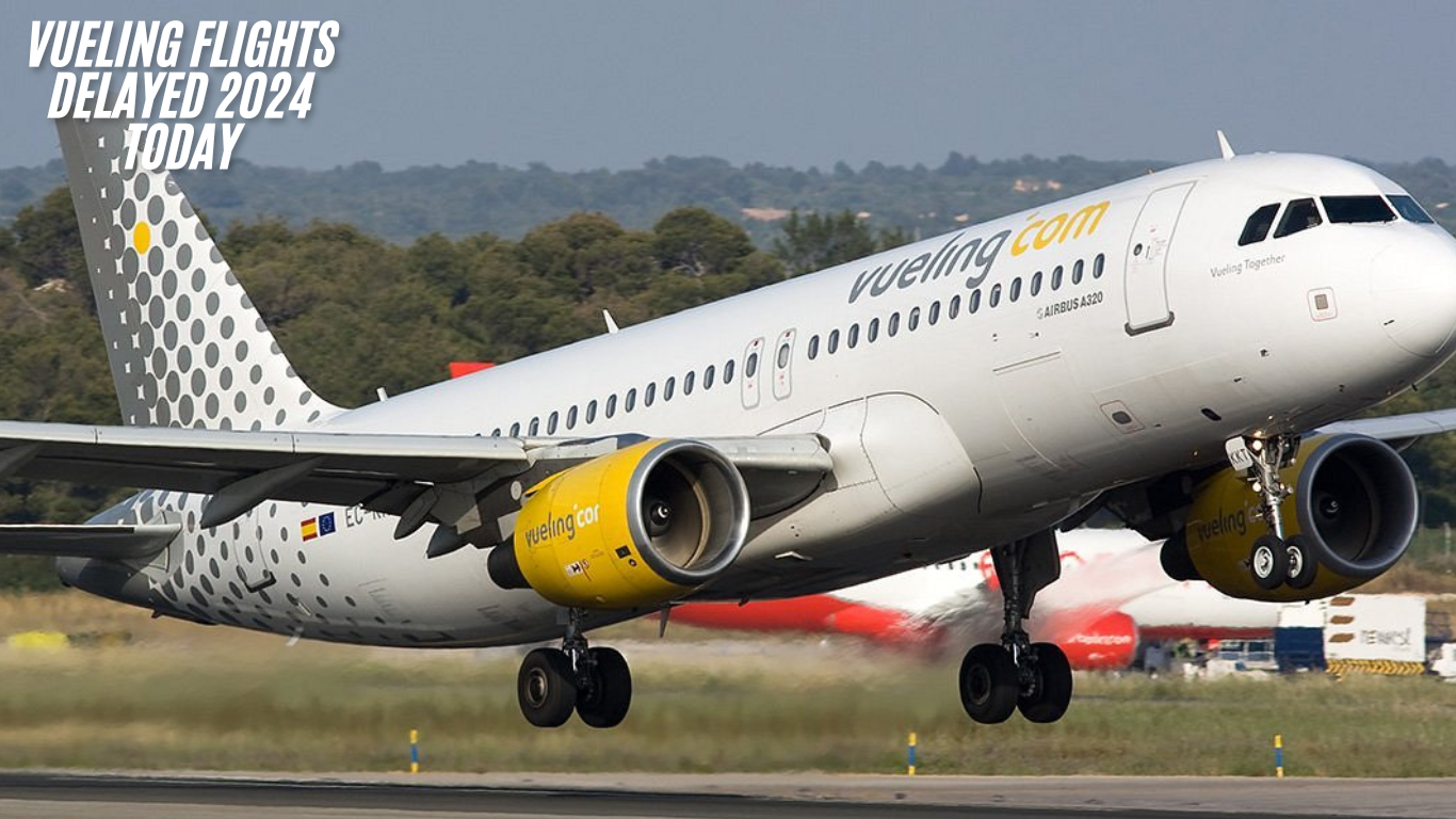 A crowded airport terminal highlighting Vueling flights delayed 2024 today.