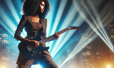 A Black female guitarist performing on stage, symbolizing talent and empowerment.