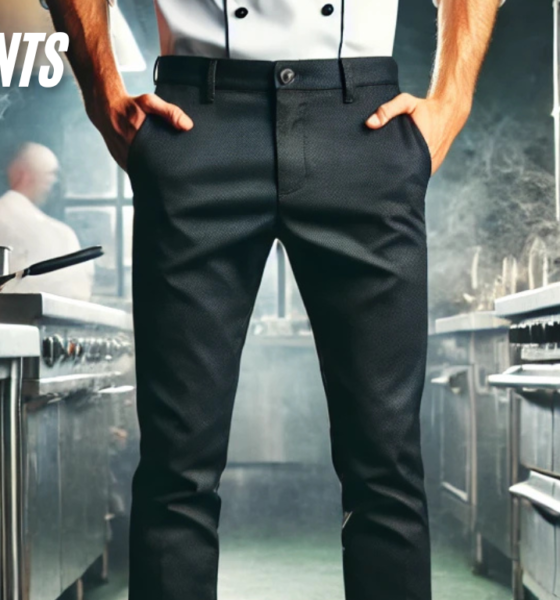 A professional chef wearing durable and stylish chefs pants in a bustling kitchen