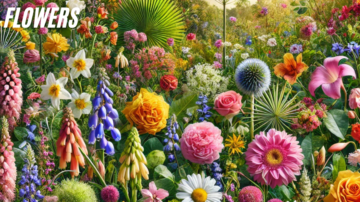 Vibrant and diverse flowers in a natural setting.