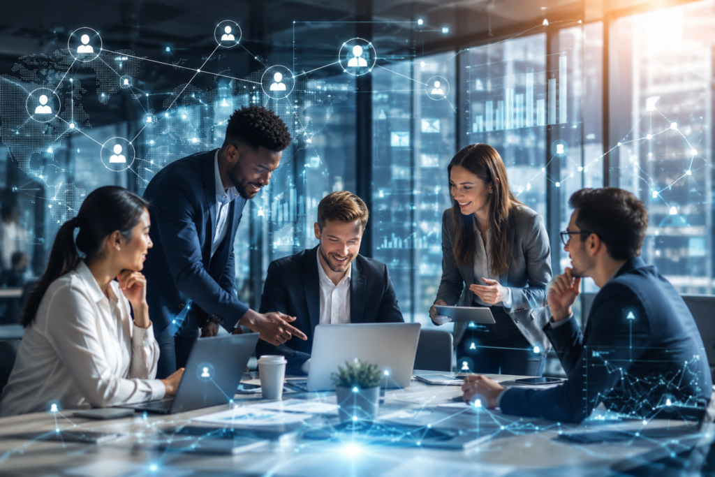 Professional business team discussing digital growth, networking, analytics, and online business strategy in a modern office.