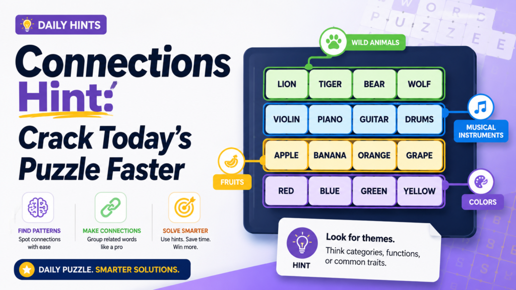Connections hint puzzle guide image with colorful word groups, daily hints, category clues, and smart puzzle-solving tips.